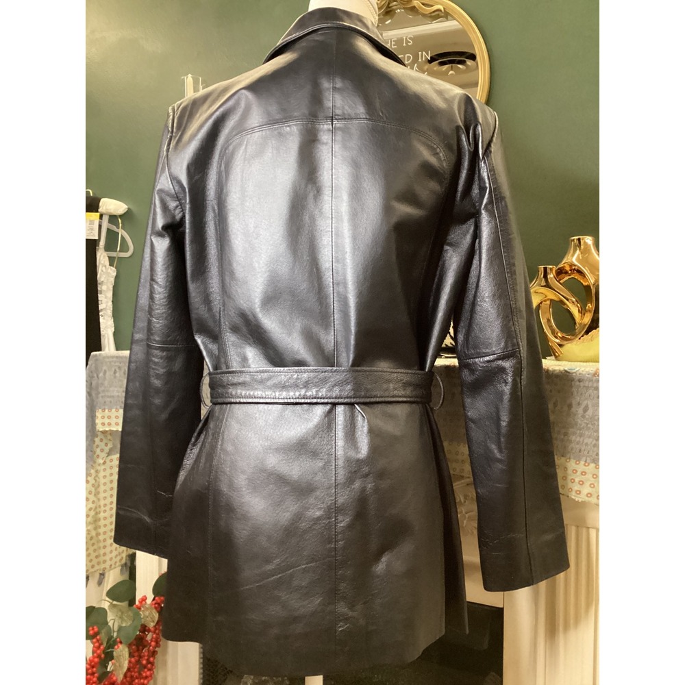 Worthington Black Genuine Leather Jacket Belted Zip Front Coat Womens Medium - Picture 4 of 6